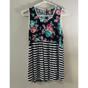 Styleholic Top Women's Medium Navy Blue Floral Sleeveless Flowy Babydoll Striped